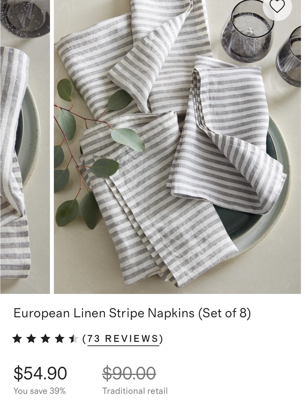 Quince Grey and White Striped European Linen Napkins - Set of 8